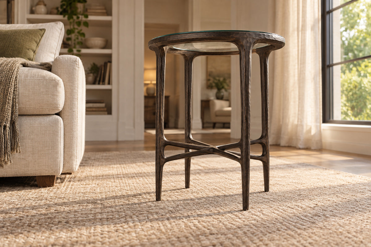 Thaddeus Glass Round Side Table, low near-side-profile lifestyle view