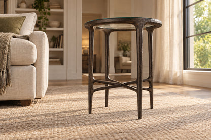 Thaddeus Glass Round Side Table, low near-side-profile lifestyle view
