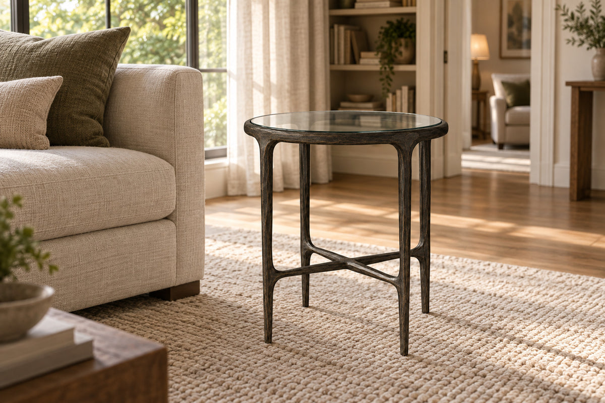 Thaddeus Glass Round Side Table, front-right three-quarter lifestyle view