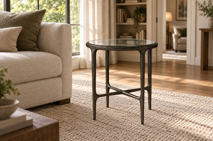 Thaddeus Glass Round Side Table, front-right three-quarter lifestyle view