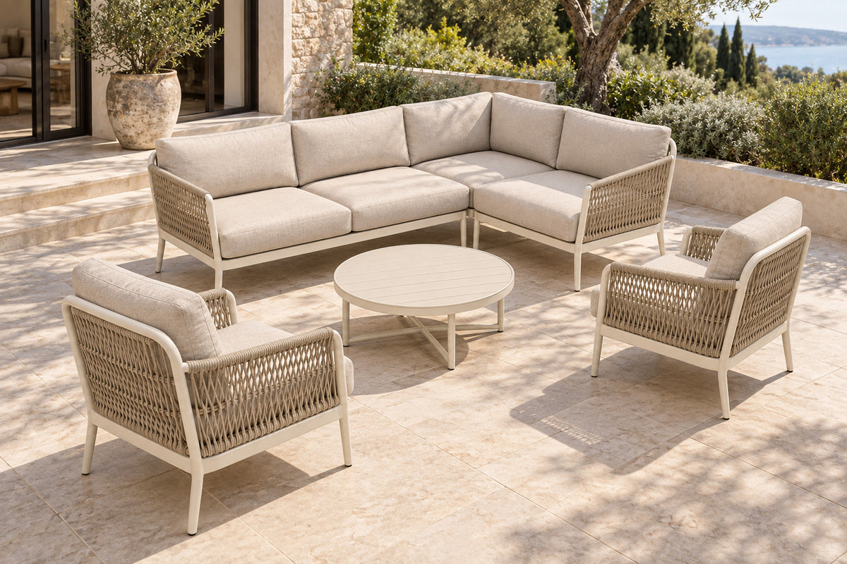 Vela Outdoor Sofa Set in Aluminium, elevated front-left diagonal lifestyle view