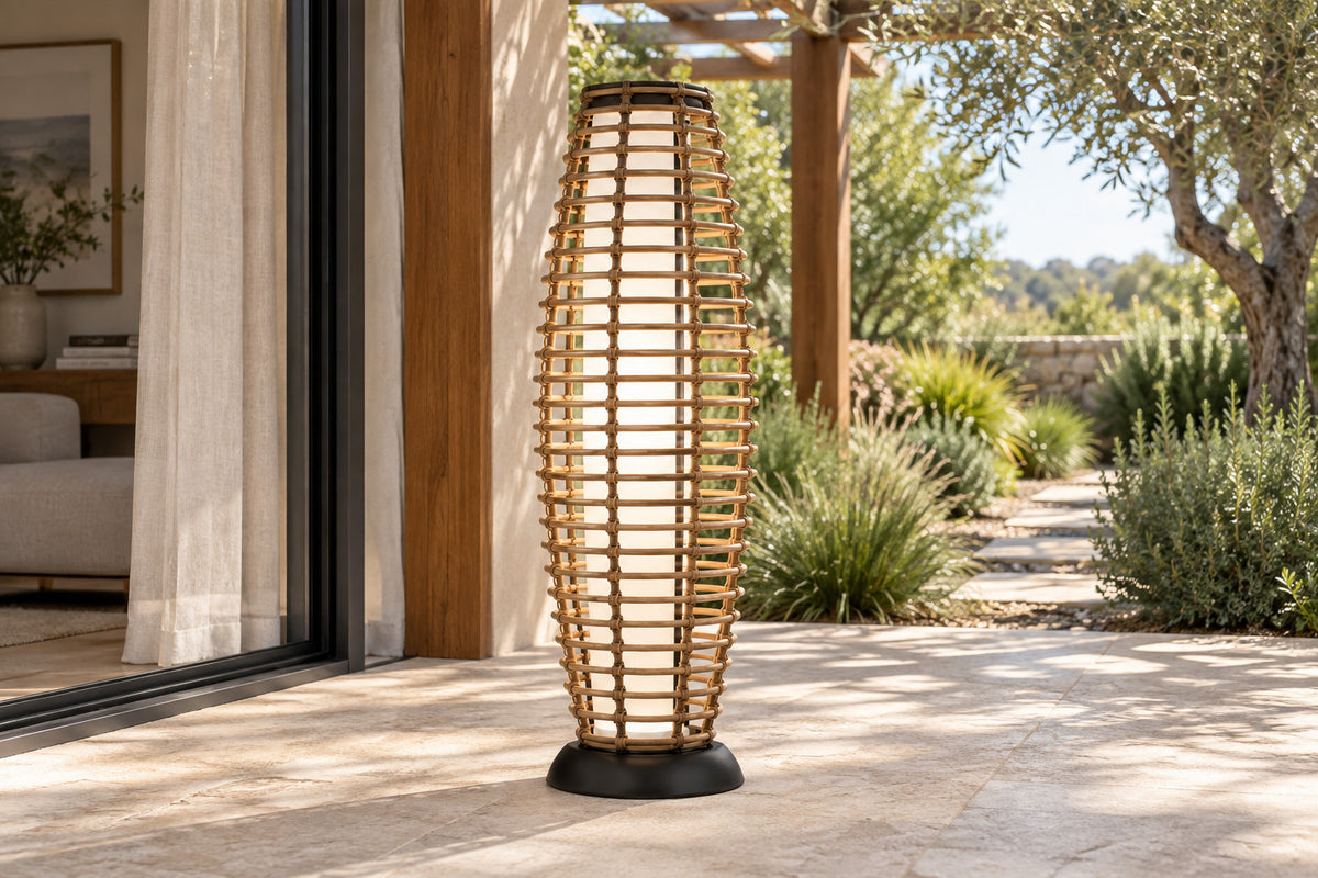 Verano Floor Lantern, Slim, front-right three-quarter lifestyle view