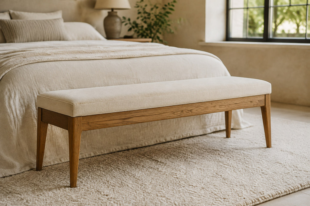French Contemporary Fabric End-of-Bed Bench — photographed in a bedroom setting