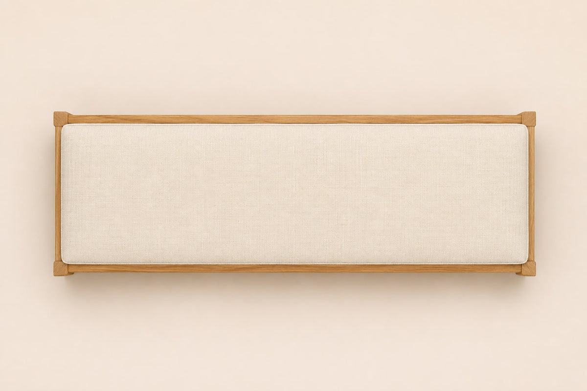 French Contemporary Fabric End-of-Bed Bench — overhead view, studio