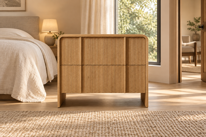 Lifestyle view: Alora closed nightstand in a warm furnished bedroom