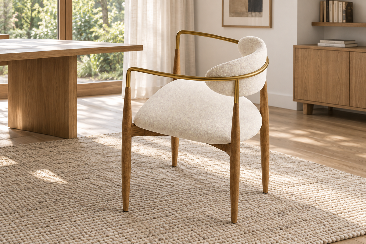 Lifestyle view: Arno Fabric Dining Armchair in a sunlit furnished dining room