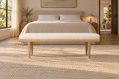 Lifestyle view: Gael Oak Fabric End-of-Bed Bench in a warmly lit bedroom