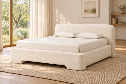 Lifestyle view: Lila fabric panel bed in a sunlit furnished bedroom