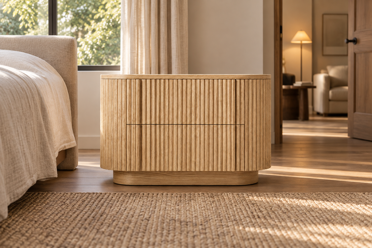 Lifestyle view: Mulholland closed nightstand in a warm furnished bedroom