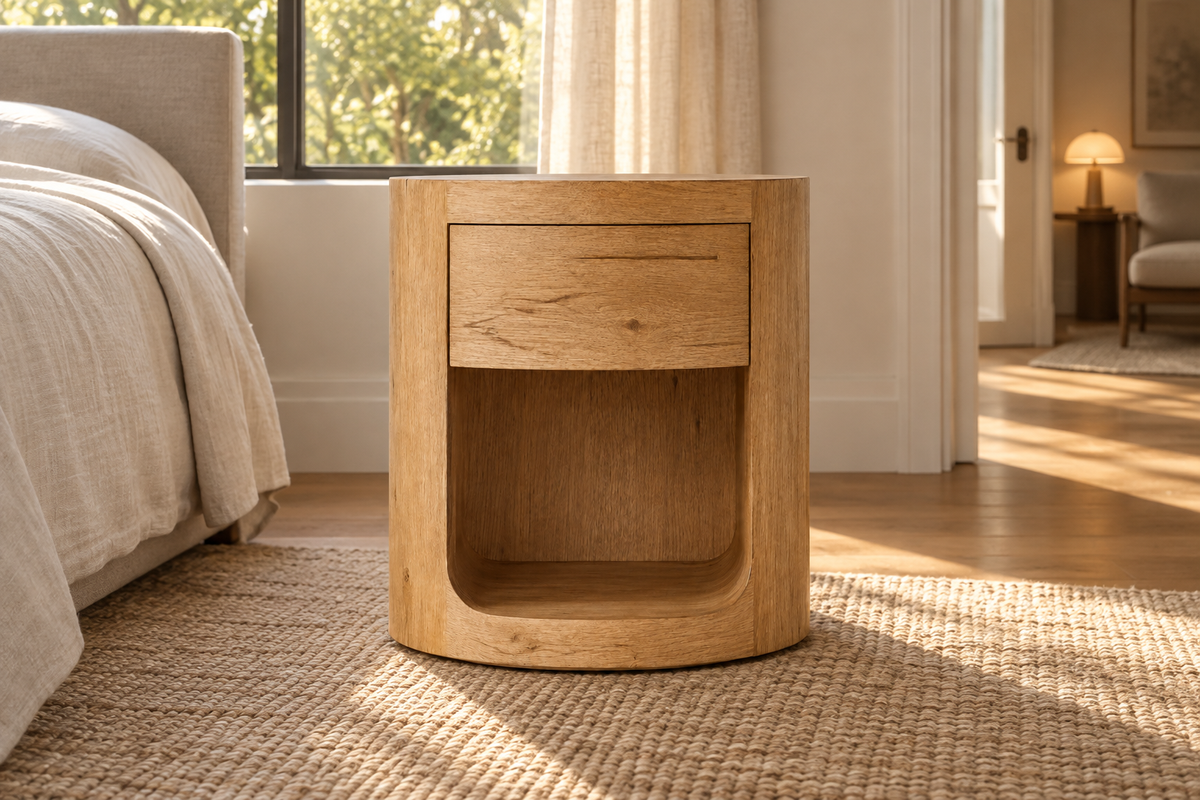 Lifestyle view: Oslo round nightstand in a warm furnished bedroom