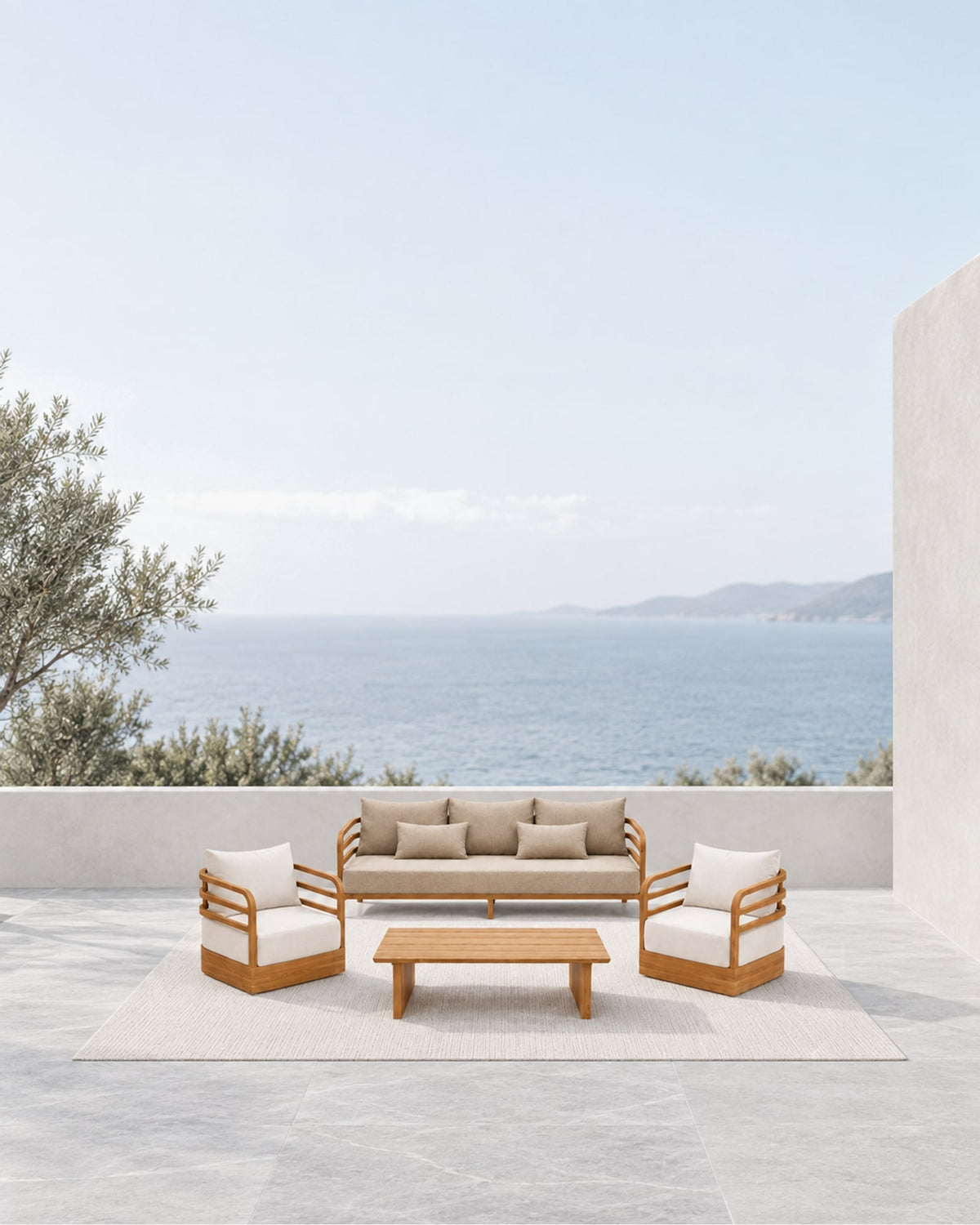 Vela Outdoor Sofa Set in Teak in a styled setting