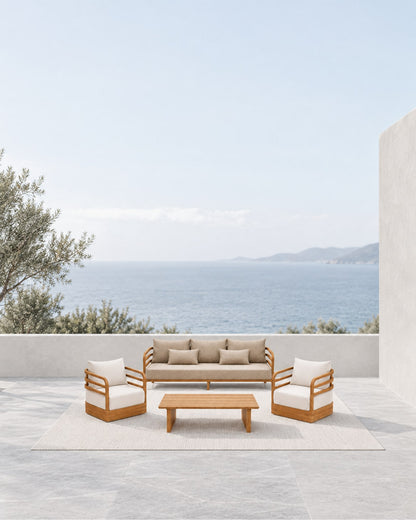 Vela Outdoor Sofa Set in Teak in a styled setting