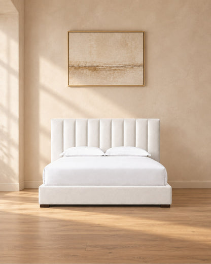 Modena Fabric Vertical Channel Panel Platform Bed in a styled setting