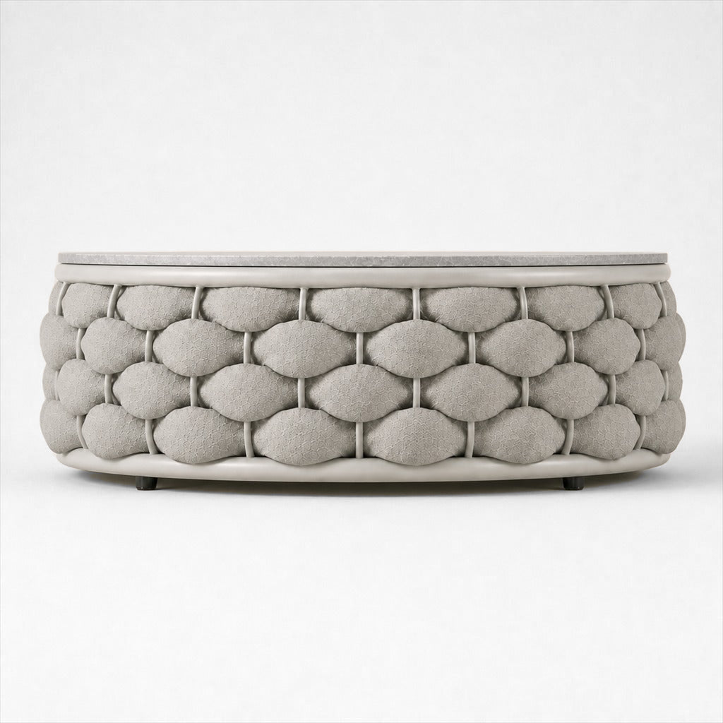 Cala round coffee table with grey hard top and chunky pale rope base, side elevation