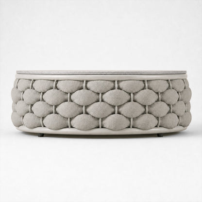 Cala round coffee table with grey hard top and chunky pale rope base, side elevation