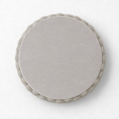 Cala round coffee table with grey hard top and chunky pale rope base, overhead view