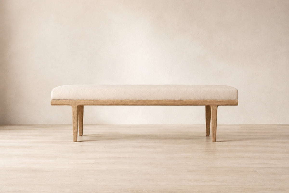 Gael Oak Fabric End-of-Bed Bench, photographed in a quiet bedroom
