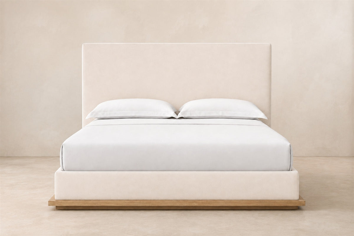 Montecito Fabric Panel Bed, photographed in a quiet bedroom