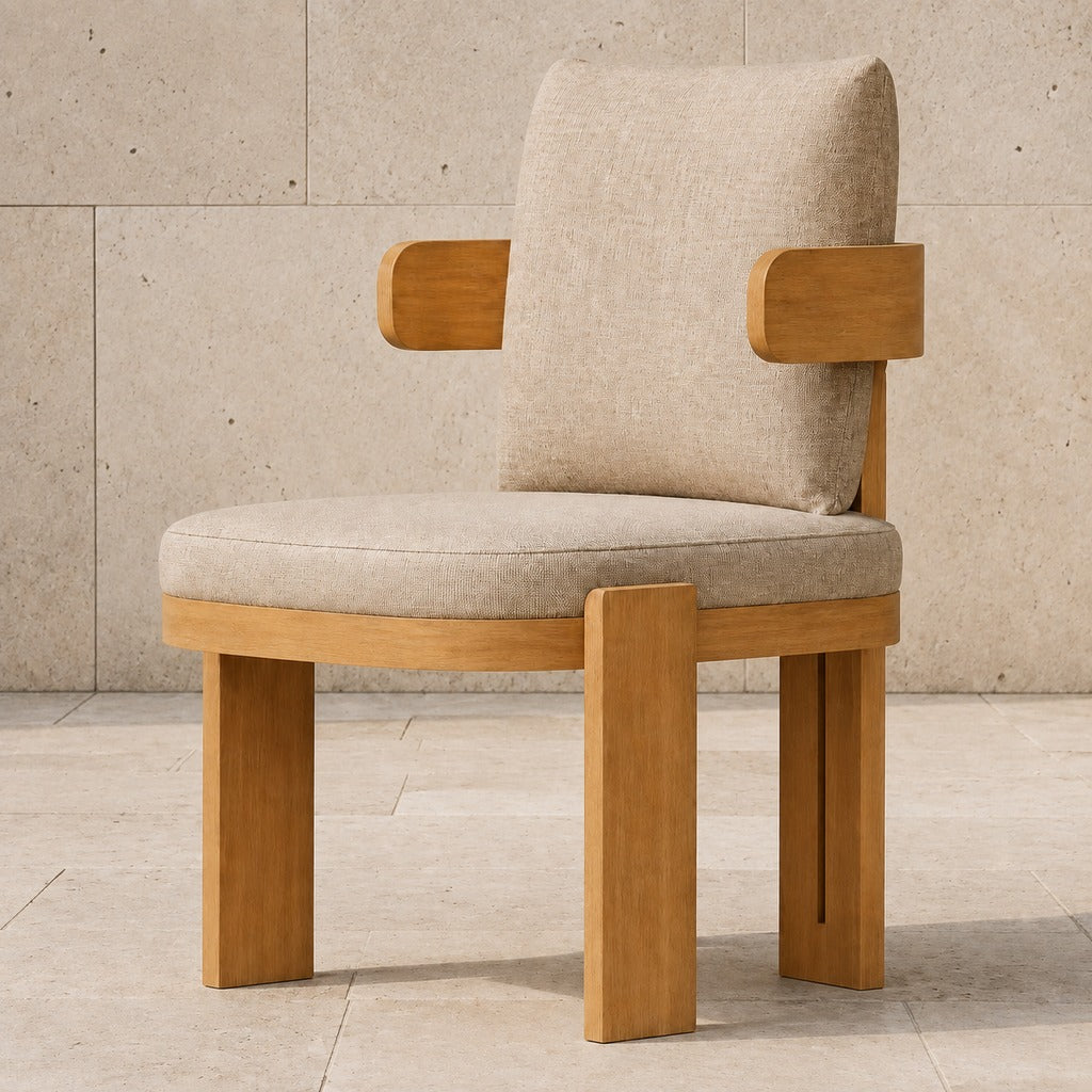 Serein Dining Chair in Teak, photographed in a quiet outdoor courtyard