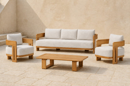 Serein Outdoor Sofa Set in Teak, photographed in a quiet outdoor courtyard