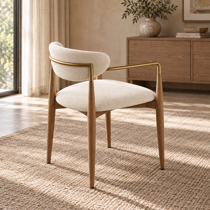 Lifestyle view: Arno Fabric Dining Armchair, photographed in a quiet dining room
