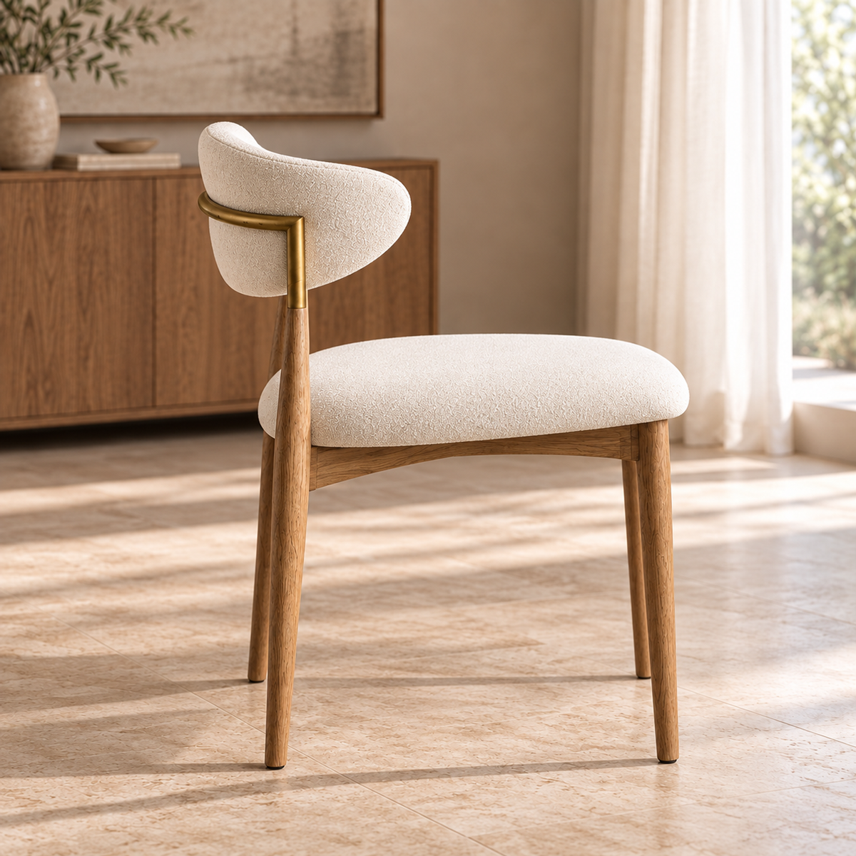 Lifestyle view: Arno Fabric Dining Side Chair in a warmly lit furnished dining room