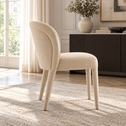Lifestyle view: Blair fabric dining side chair in a warmly lit furnished interior