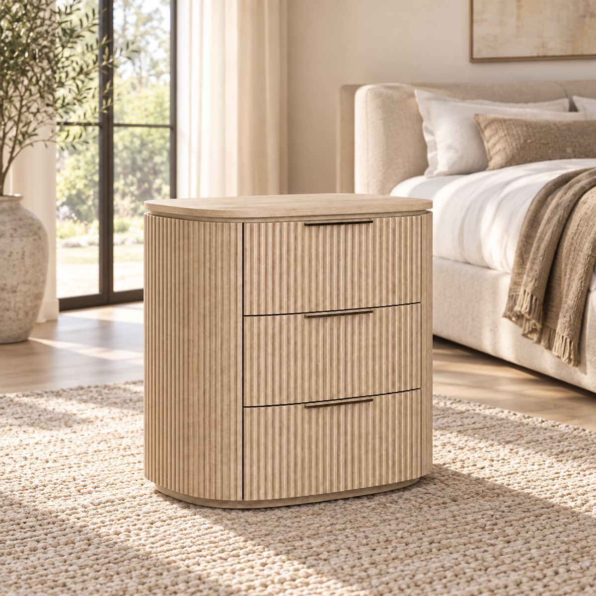 Lifestyle view: Byron closed nightstand beside a bed in a sunlit bedroom