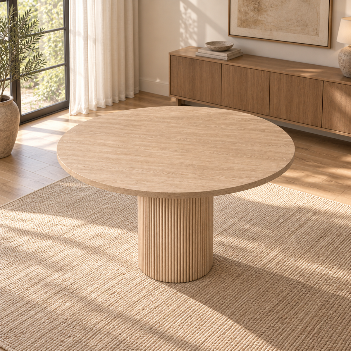 Lifestyle view: Byron Round Dining Table in a sunlit furnished dining room