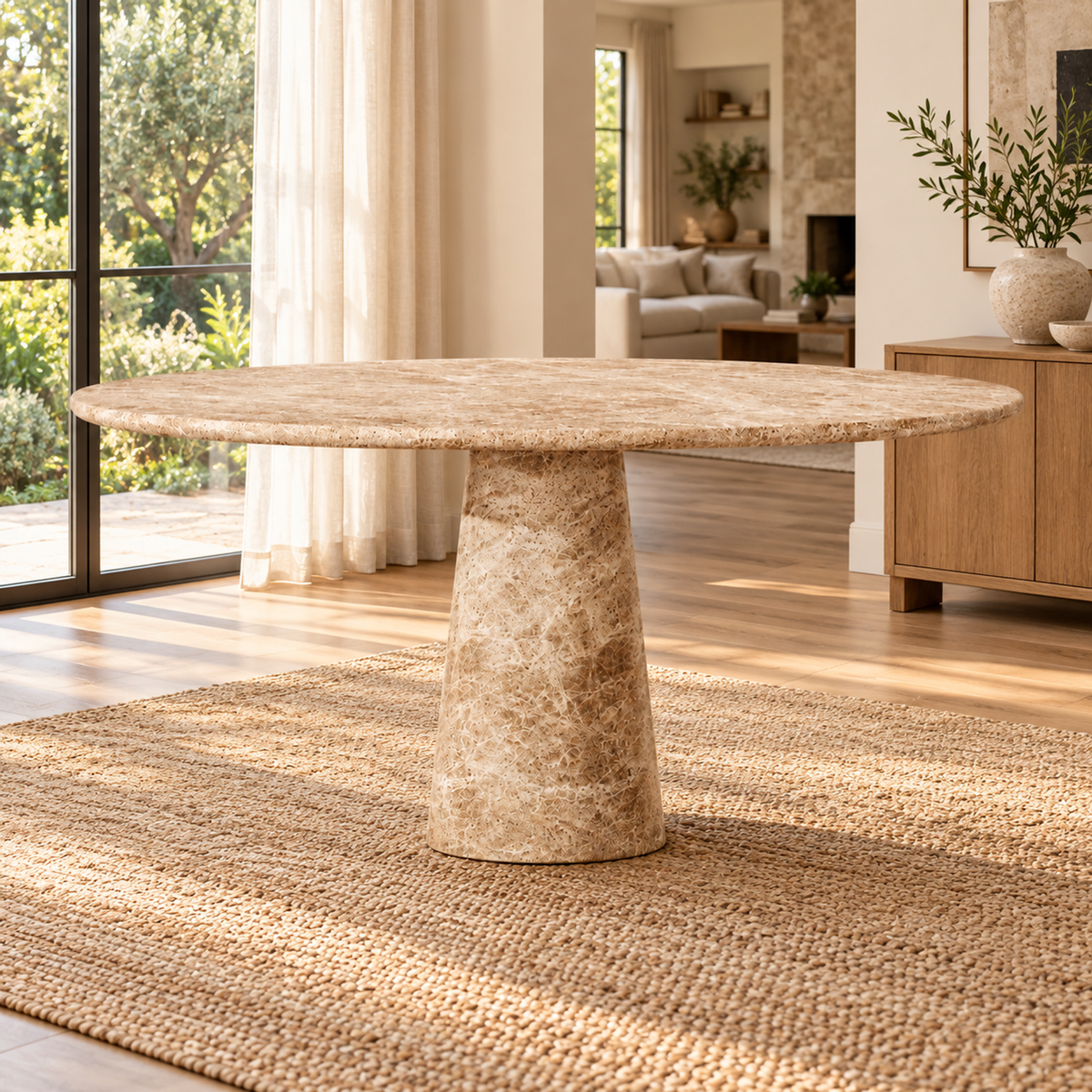 Lifestyle view: Cellini Round Dining Table in cream marble, full square view in a sunlit dining interior
