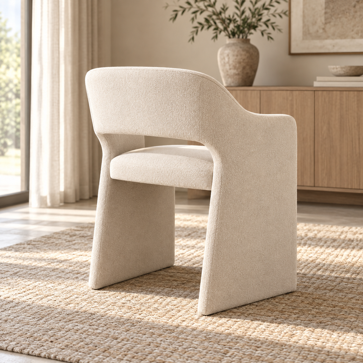 Lifestyle view: Corta Fabric Dining Armchair, photographed in a quiet dining room