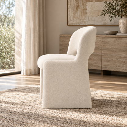 Lifestyle view: Corta fabric dining side chair in a warmly lit furnished interior