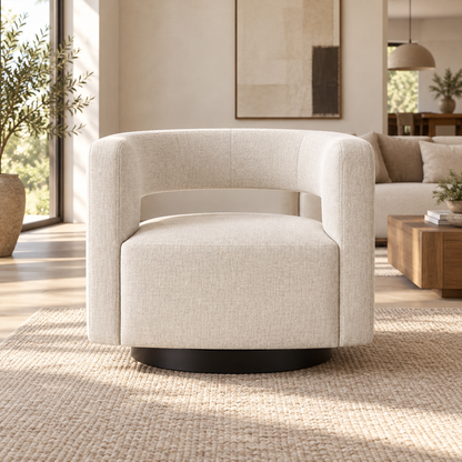 Lifestyle view: Drew Curved Swivel Chair in a furnished living room