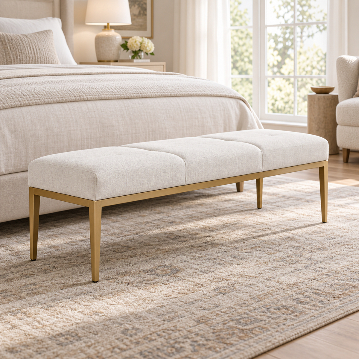 Lifestyle view: Emi Tufted Bench — Aged Brass in a furnished residential interior