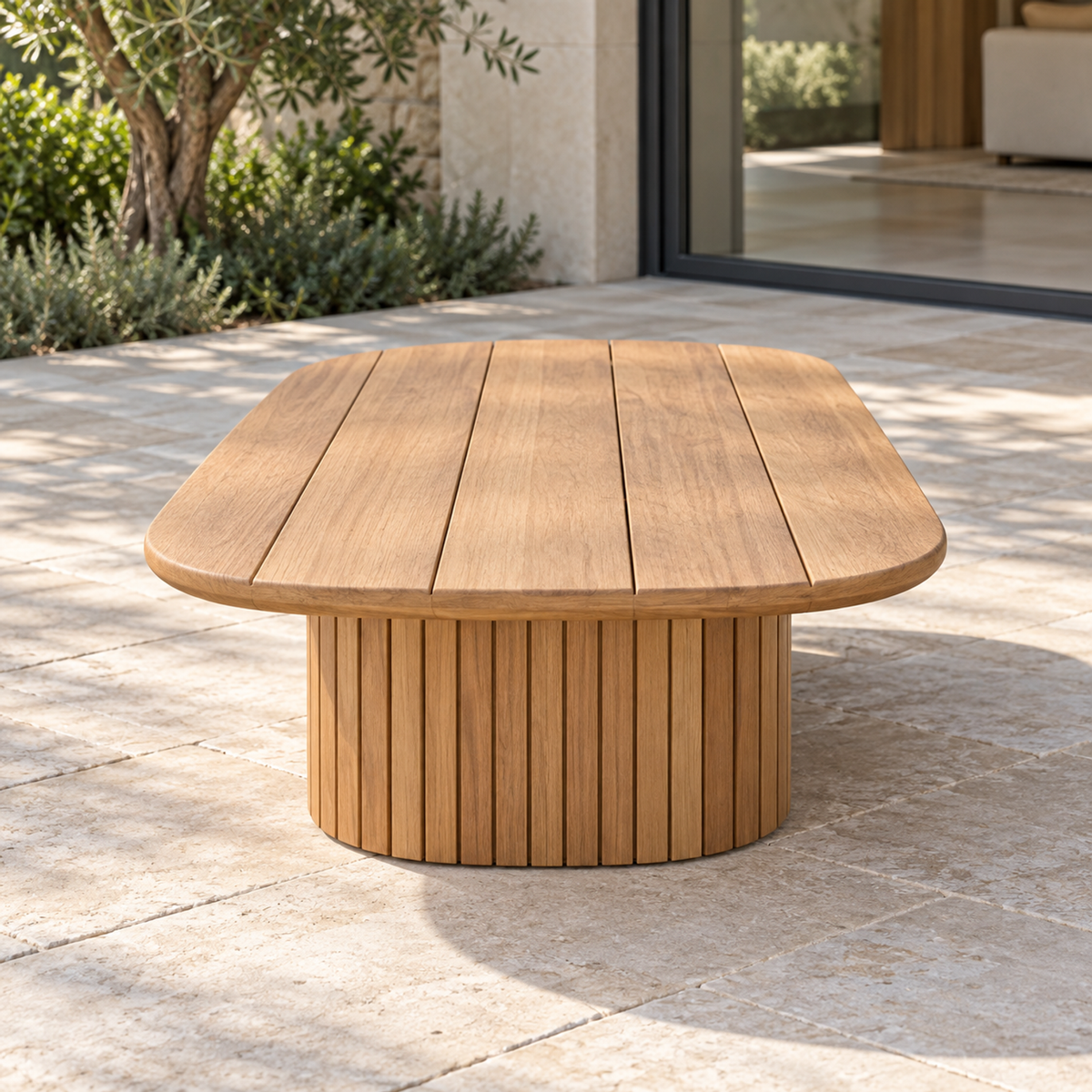 Lifestyle view: Ethereal Coffee Table in Teak, low short-end view beside a garden home