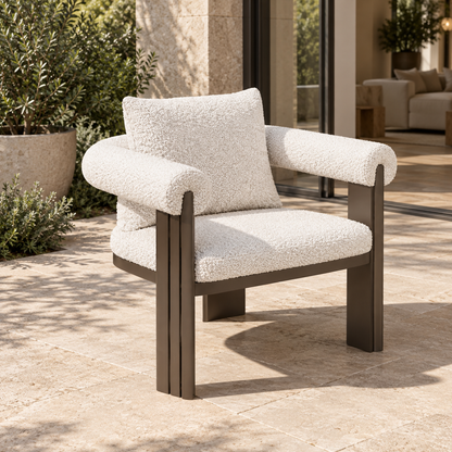 Ethereal aluminium dining chair, opposite diagonal on a furnished home terrace