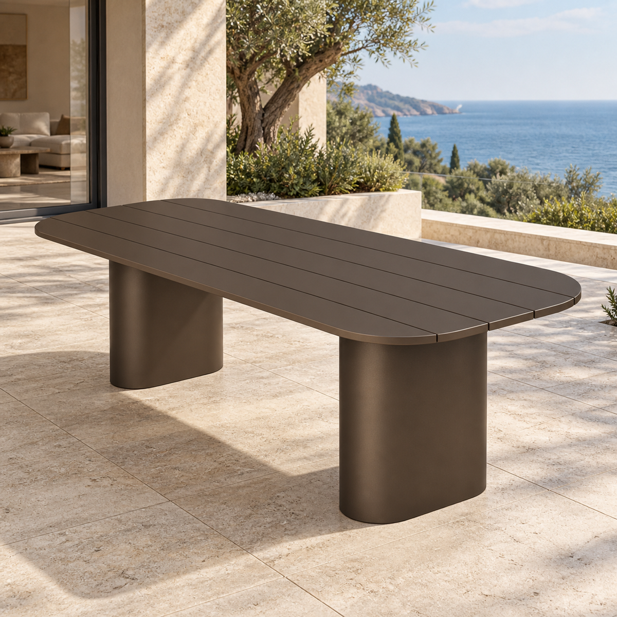 Lifestyle view: Ethereal Dining Table in Aluminium, opposite diagonal view on a coastal home terrace