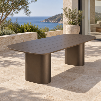Lifestyle view: Ethereal Dining Table in Aluminium, short-end diagonal view beside a furnished coastal home