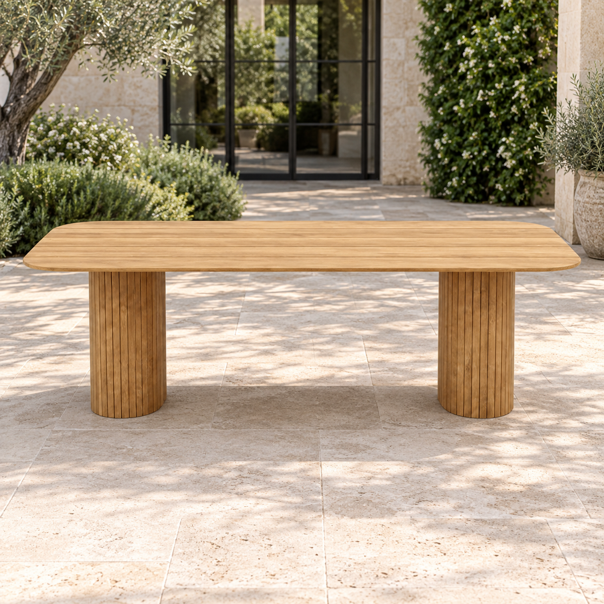 Lifestyle view: Ethereal Dining Table in Teak, frontal view of the 214 cm size in a planted home courtyard