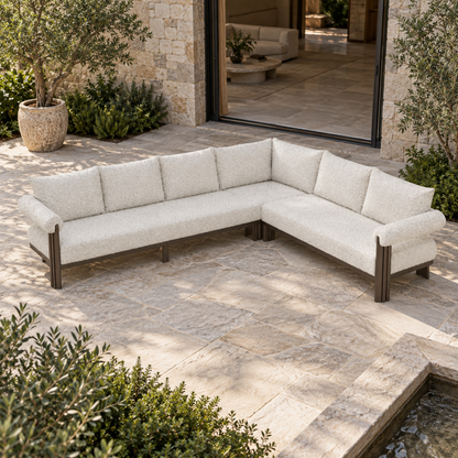 Lifestyle view: Ethereal L-Sectional in Aluminium, elevated frontal view on a furnished home terrace