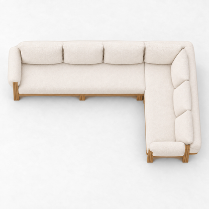 Ethereal L-Sectional in Teak, square overhead view of the four-cushion run and three-cushion return
