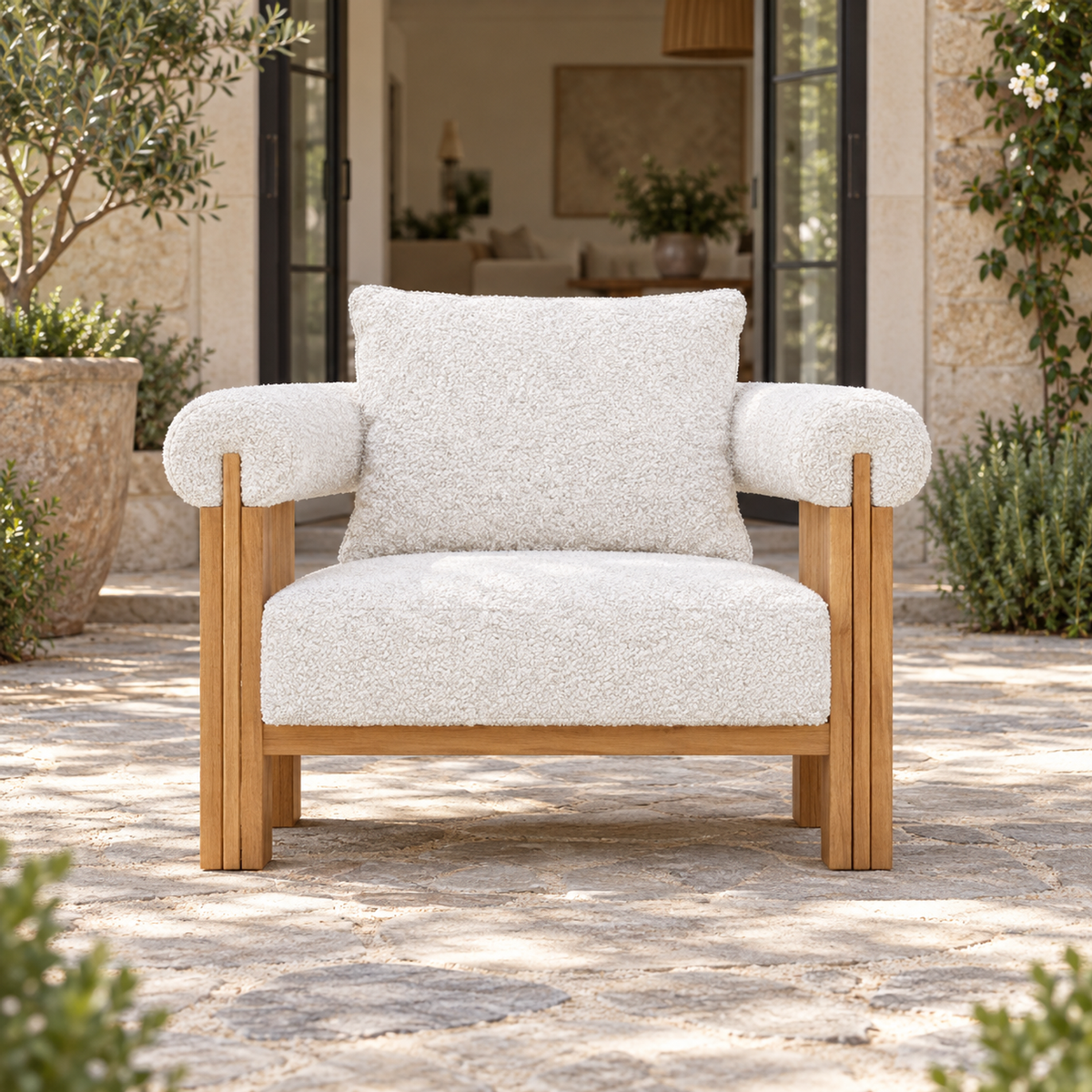 Lifestyle view: Ethereal Lounge Chair in Teak, straight frontal view outside a furnished home
