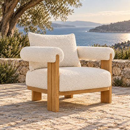 Lifestyle view: Ethereal Lounge Chair in Teak, opposite three-quarter view on a coastal stone terrace