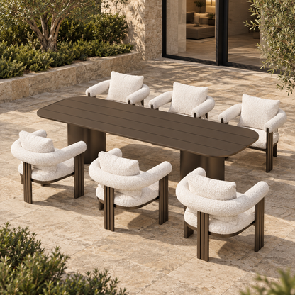 Ethereal aluminium dining set, opposite diagonal on a furnished home terrace