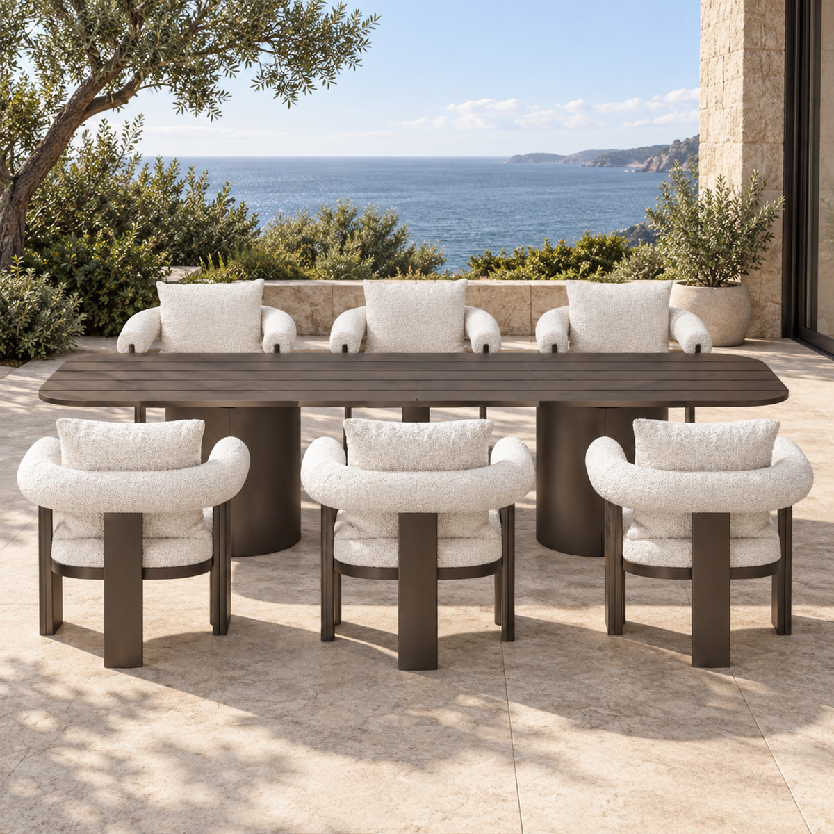 Lifestyle view: Ethereal Outdoor Dining Set in Aluminium, straight frontal view on a coastal terrace
