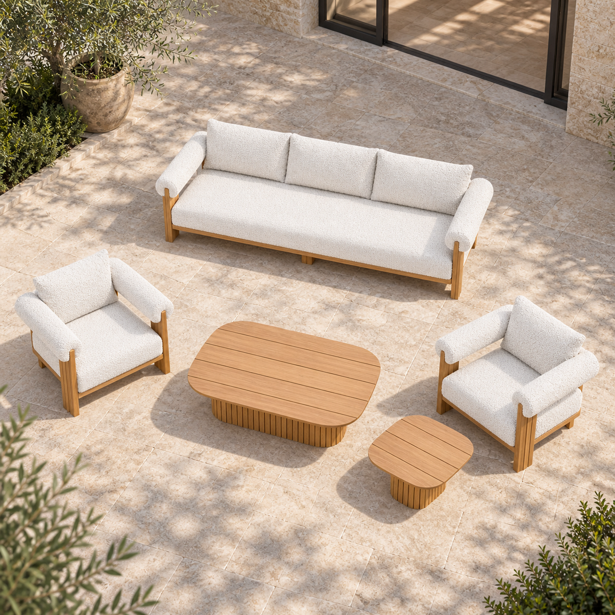 Ethereal Outdoor Sofa Set in Teak, high downward view on a furnished home terrace
