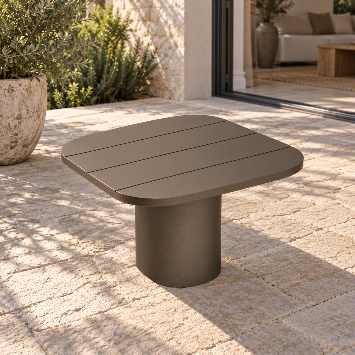 Lifestyle view: Ethereal Side Table in Aluminium, opposite diagonal beside a furnished garden room