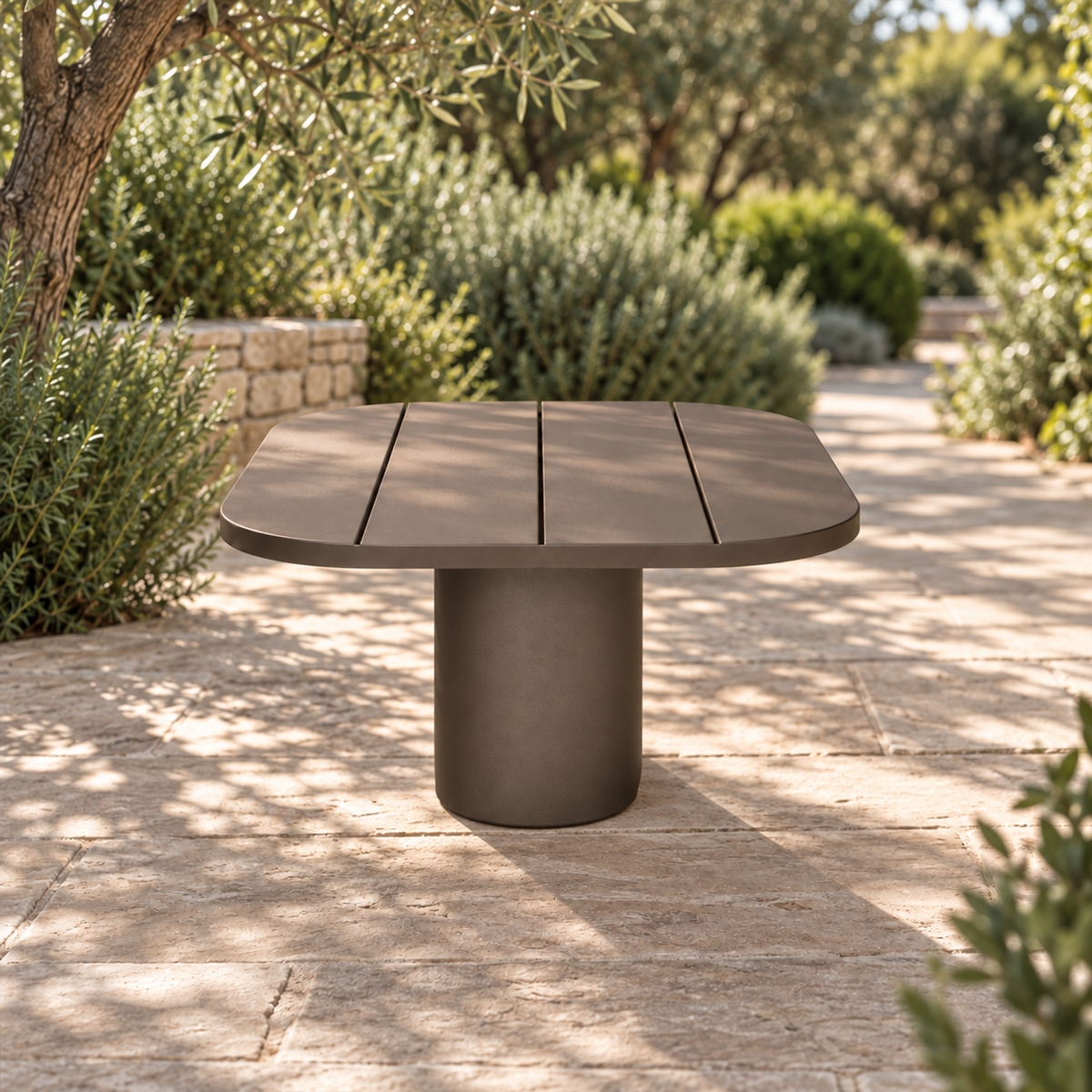 Lifestyle view: Ethereal Side Table in Aluminium, low end view on a planted garden terrace