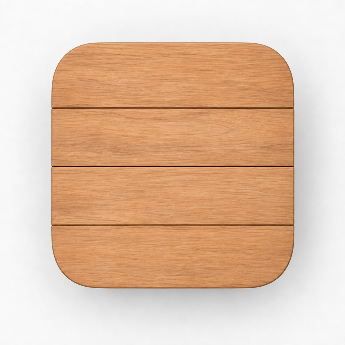 Ethereal Side Table in Teak, direct overhead view of its four-plank rounded-square top