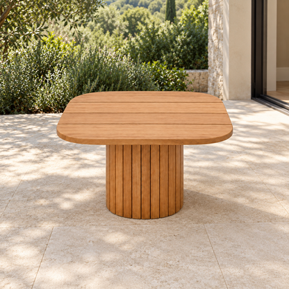 Lifestyle view: Ethereal Side Table in Teak, straight frontal view in a garden courtyard